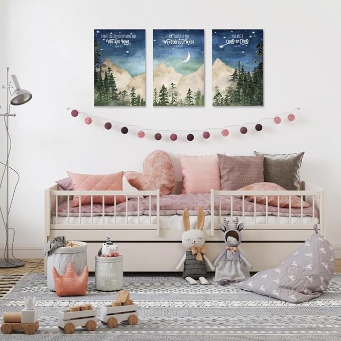 Nursery Scripture Wall Art, Set of 3 Nursery Bible Verse Wall Decor, Star Night Mountain Forest Wall Art, Nature Woodland Decor Canvas Prints, Inspirational Christian Kids Art, Framed 12"x16"