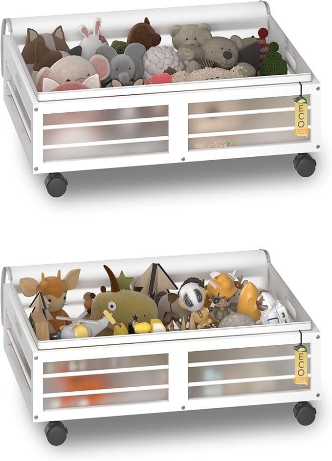 Bamboo Underbed Storage Containers with Wheels & Bag 2 Pack, Large Under Bed Rolling Storage Bins Wood Under Bed Clothes Storage Stackable Drawers for Bedroom Closet Under Crib Toy(White)