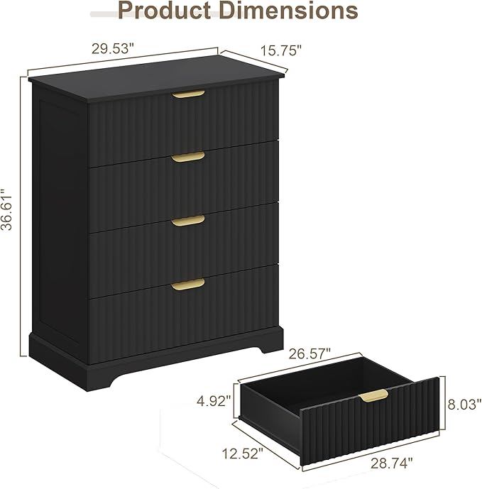 Fluted Dresser with 4 Drawers for Bedroom, 36.6" Tall Dresser with Metal Handle, Wooden Chest of Drawers for Bedroom, Living Room, Entryway, Black