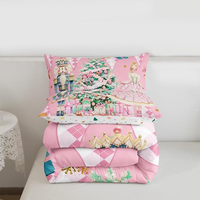 jejeloiu Christmas Nutcracker Comforter Set Queen Size Gingerbread Man Bedding Set for Kids Boys Girls Xmas Tree Duvet Quilt Pink Bedroom Decor