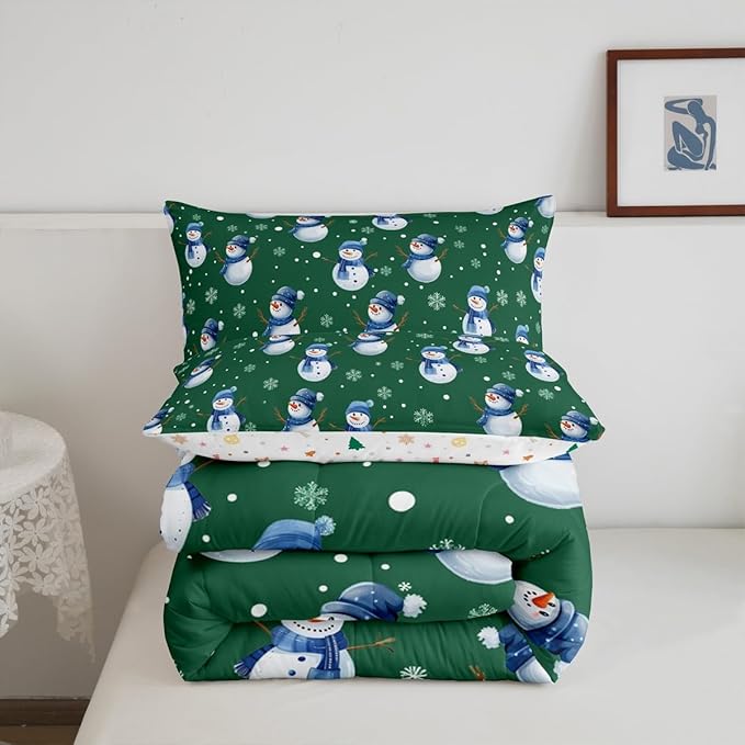 jejeloiu Kids Cute Winter Snowman Comforter Set Toddler Green Christmas Theme Bedding Set for Boys Girls Teens Xmas Snowflake Happy New Year Duvet Quilt Room Decor