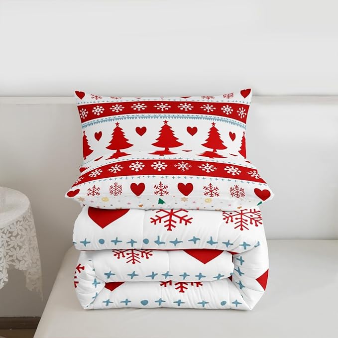 Feelyou Christmas Comforter Set Twin Size Xmas Tree Bedding Set for Kids Boys Girls Snowflake Heart Duvet Quilt Geometric Bedroom Decor Microfiber 2 Pcs with 1 Pillow Cases