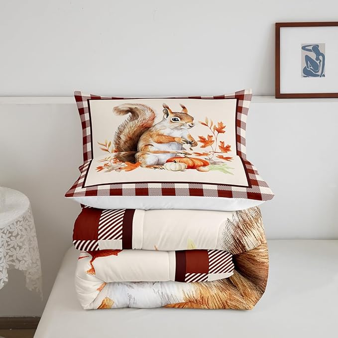 Castle Fairy Autumn Harvest Squirrel Bed Comforter Set Queen Size,Vintage Wood Plank Grid Super Soft Microfiber Bedding Set for Adults Men,Fall Pumpkin Maple Leaf Decorative Comforter Set,3 Pcs