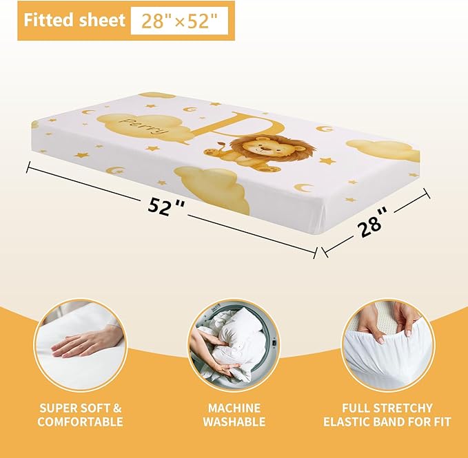 5 Piece Customized Crib Bedding Set for Boys & Girl- Custom Name Baby Crib Yellow Lion Nursery Bedding Set with Fitted Sheet, Soft Blanket, Rug, Personalized Gifts for Newborn Infant Toddler