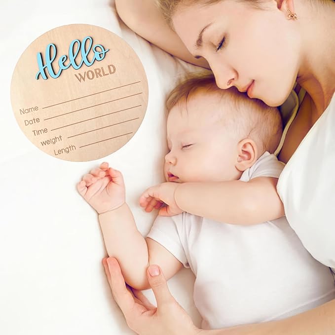 Baby Announcement Sign, 5.9 Inch Wooden Hello World Newborn Signs, Birth Announcement Sign, Baby Shower Hospital Nursery for Newborn Boys and Girls (Sky blue)