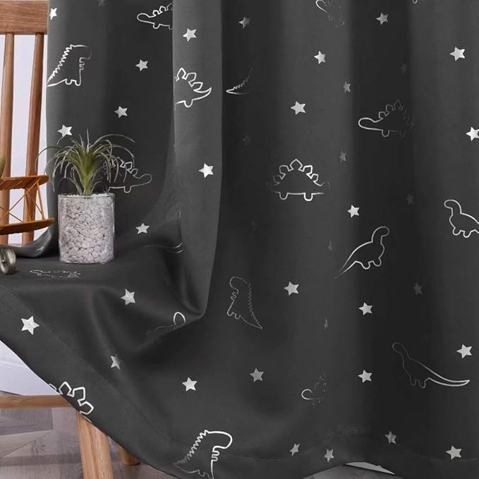 LORDTEX Dinosaur and Star Foil Print Blackout Curtains for Kids Room - Thermal Insulated Curtains Noise Reducing Window Drapes for Boys and Girls Bedroom, 52 x 63 Inch, Grey, Set of 2 Panels