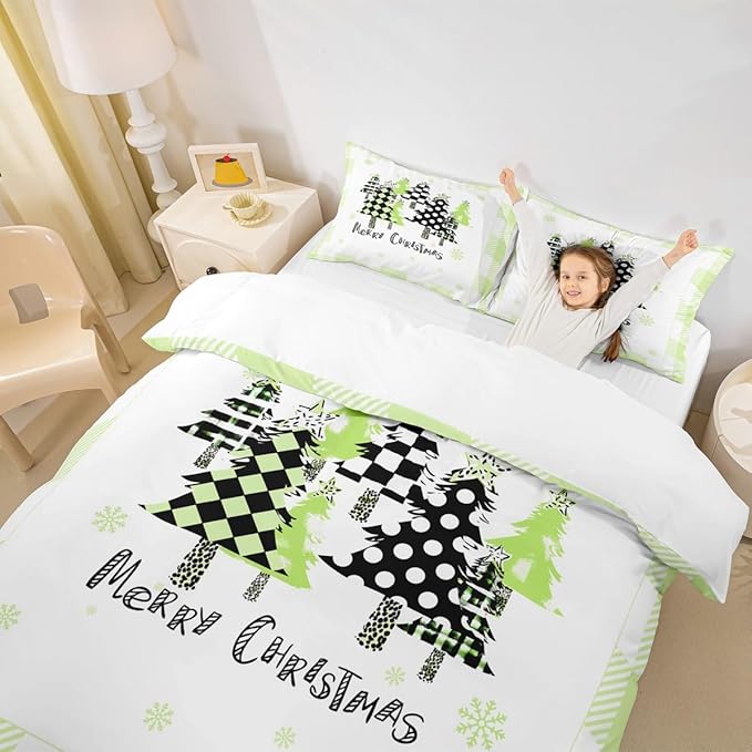 Manfei Xmas Trees Duvet Cover Set Queen Size, Green Plaid Grid Snowflake Bedding Set for Kids Girls Bedroom Decor, Christmas Theme Comforter Cover New Year Quilt Cover with 2 Pillowcases, No Comforter