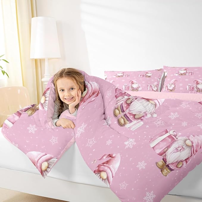 Feelyou Pink Christmas Bedding Set Soft for Boys Girls, Scandinavian Christmas Santa Gnomes Comforter Set Toddler Size Xmas Snowflake Duvet Quilt Bedroom Decor 2 Pcs with 1 Pillow Cases