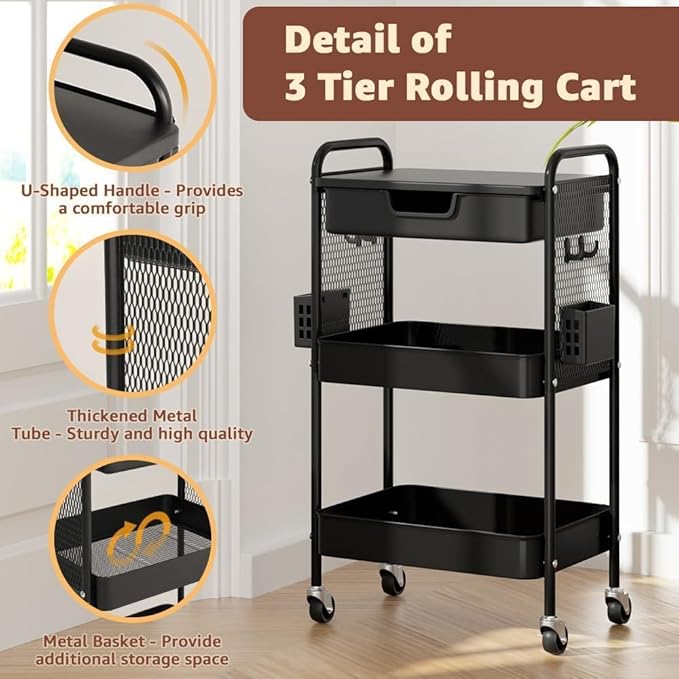 3 Tier Rolling Cart with Drawer, Metal Rolling Utility Cart on Wheels with Pegboard, Art Cart Storage Organizer with Tabletop for Living Room, Office, Bedroom (Black)