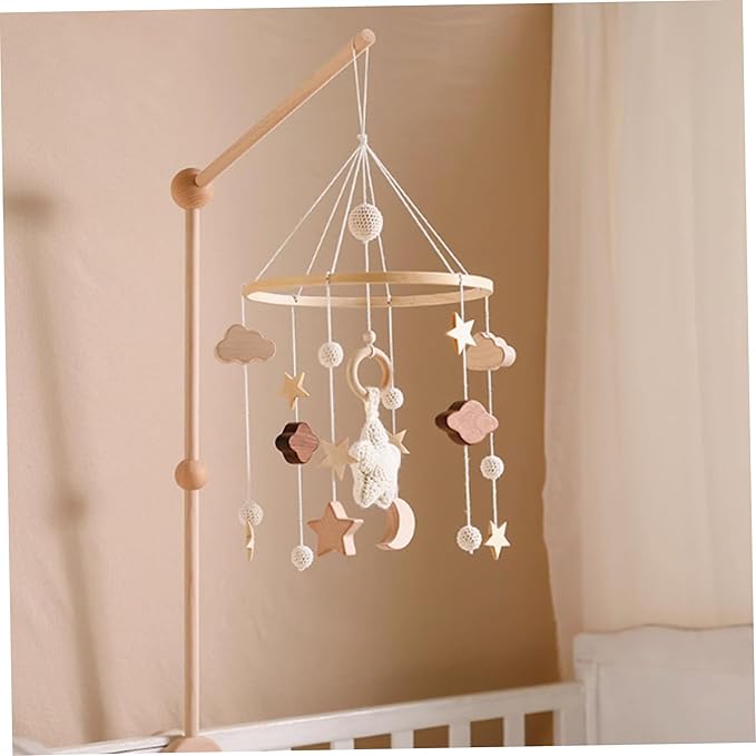 Baby Crib Mobile, Stars Clouds Moon Baby Mobile with Crisp Sound, Hand-Crocheted Wood Nursery Mobiles, Boho Crib Toys Hanging for Boys Girls