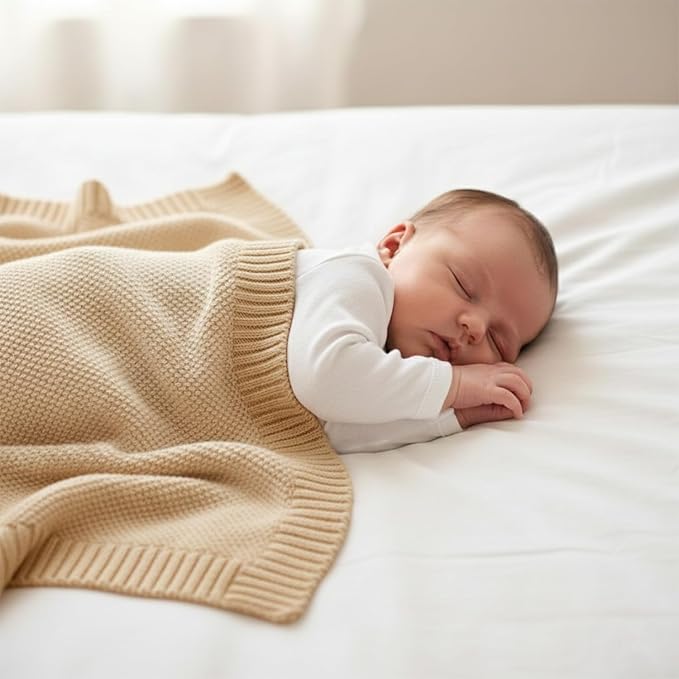 Baby Knit Blanket Soft Cotton Lightweight Newborn Blanket for Crib Stroller Toddler Nursery Shower Gift Cozy Breathable Travel Swaddle Wrap Beige 36 x 28 Inches