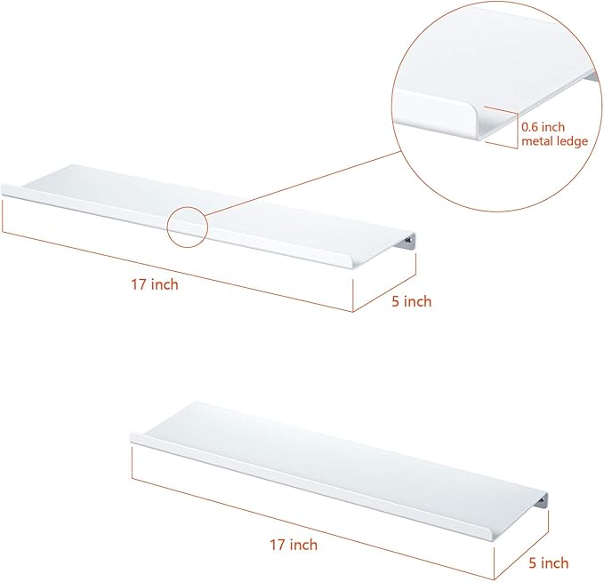 SRIWATANA White Metal Wall Shelves, 2 Set Floating Shelves for Bedroom, Living Room, Bathroom, Kitchen - Matte White