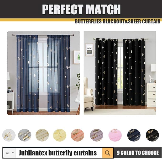 Jubilantex Butterfly Sheer Curtains Navy Blue Drapery with Gold Print Pattern 95 Inch Long, Kids Nursery Bedroom Voile Linen Textured Curtain Rod Pocket Window Drapes, 2 Panels
