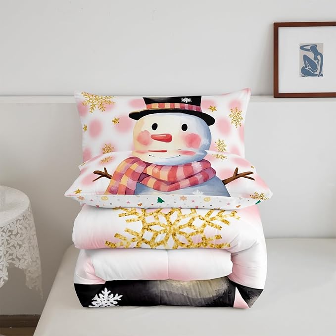 Feelyou Kids Merry Christmas Decorations Toddler Size Comforter Set Xmas Snowman Bedding Set Pink Quilt Set Soft Warm Lightweight Duvet Set