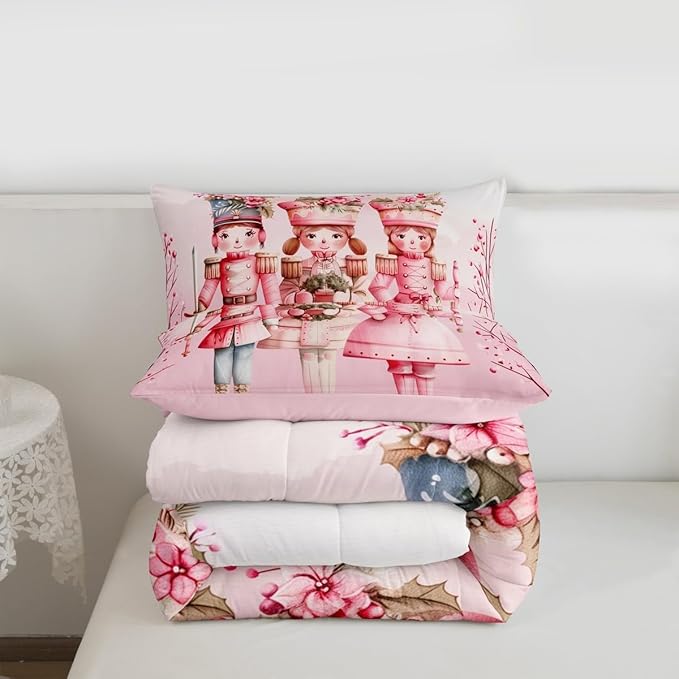 Feelyou Christmas Decor Nutcrackers Bedding Set Soft for Boys Girls, Pink Christmas Comforter Set Queen Size Pink Nutcrackers Duvet Quilt Berries Printed Room Decor Kawaii 3 Pcs with 2 Pillow Cases
