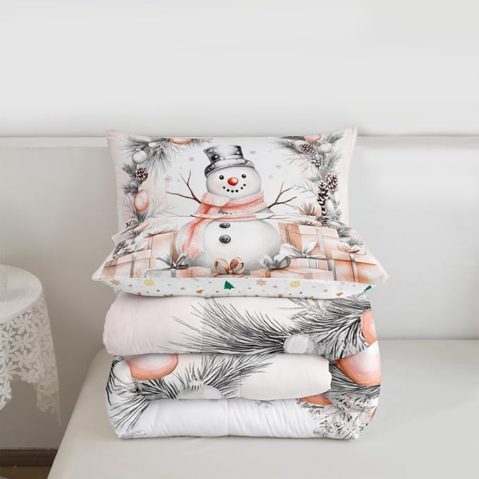 Feelyou Merry Christmas Comforter Set Twin Size Cute Snowman Bedding Set for Kids Boys Girls Duvet Quilt Snowflake Bedroom Decor Microfiber 2 Pcs with 1 Pillow Cases