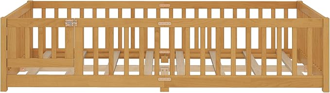 Harper & Bright Designs Queen Size Montessori Bed with Door and Fence, Kid's Floor Bed Frame with Solid Wood Support Slats for Boys, Girls, Natural