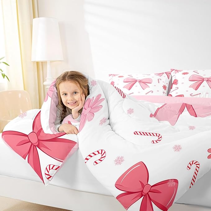 Feelyou Pink Bowknot Comforter Set All Season Christmas Candy Cane Snowflake Bedding Set with 2 Pillow Cases Cute Bow Microfiber Kids Queen Bedclothes Dreamy Princess Style Bedroom Decor Duvet Quilt