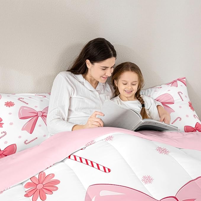Feelyou Pink Bowknot Comforter Set All Season Christmas Candy Cane Snowflake Bedding Set with 2 Pillow Cases Cute Bow Microfiber Kids King Bedclothes Dreamy Princess Style Bedroom Decor Duvet Quilt