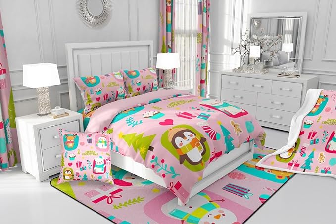 Erosebridal Christmas Cartoon Bedding Set for Kids Cute Snowman Bear Comforter Set Full Size Xmas Tree Deer Elk Reversible Quilts Kawaii Penguin Animal Duvet Insert Room Decor