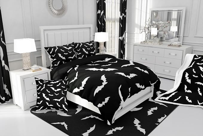 Erosebridal Bat Comforter Set Twin Size for Kids Bedroom with 1 Pillow Case Happy Halloween Bedding Set Gothic Spooky Duvet Insert Cartoon Style Quilt, Black White