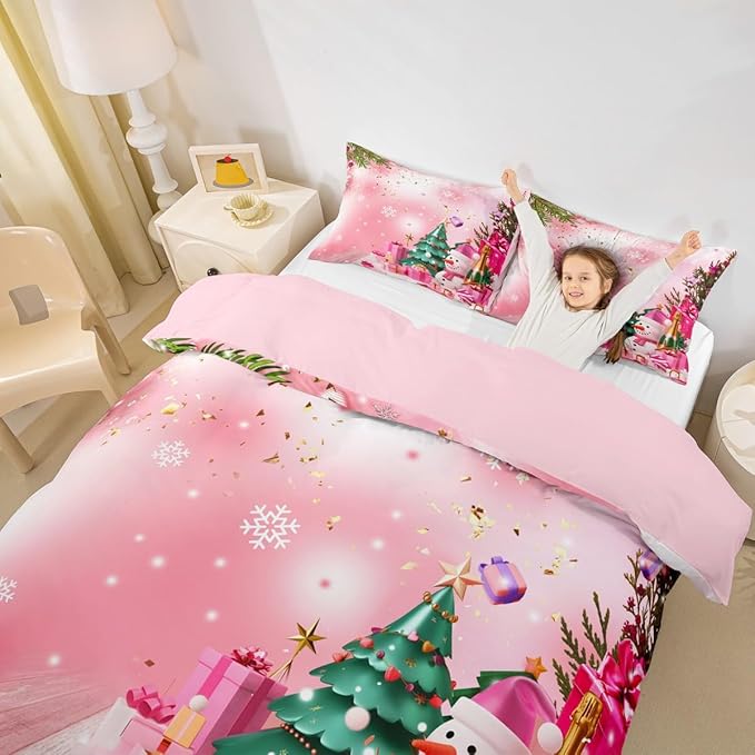 Christmas Bedding Set Kids Christmas Tree Snowman Xmas Theme Comforter Cover Set for Boys Girls Snowflake Duvet Cover Breathable Luxury Gift Boxes Bedspread Cover Room Decor Quilt Cover Full Size