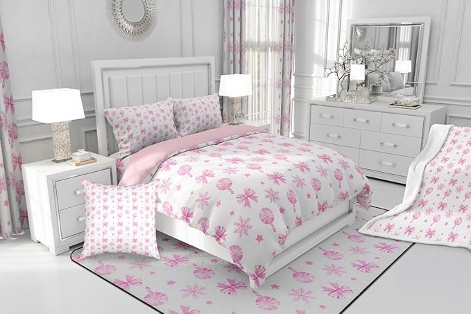 Feelyou Pink Christmas Bedding Set Soft for Boys Girls, Bow Candy Comforter Set King Size Star Snowflake Duvet Quilt Microfiber Bedroom Decor 3 Pcs with 2 Pillow Cases