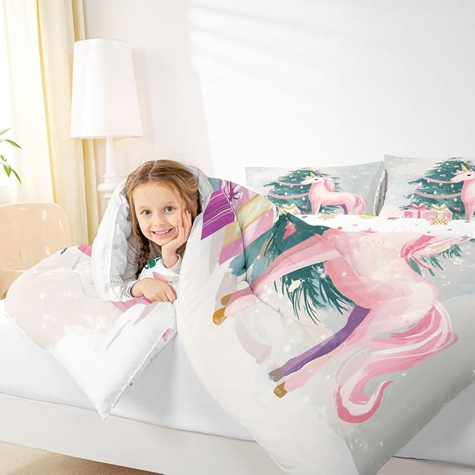 Feelyou Merry Christmas Comforter Set Full Size Cute Unicorn Bedding Set for Kids Boys Girls Gift Duvet Quilt Christmas Tree Bedroom Decor Microfiber 3 Pcs with 2 Pillow Cases