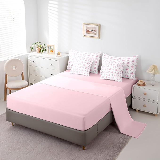 7 Pieces Cherry Bowknot Kid Comforter Set Twin,Pink Bow Tie Butterfly Knot Princess Bedding Set,Cartoon Bow Patchwork Dreamy Sweet（Comforter+Fitted+Flat Sheet+2 Pillowcases+2 Throw Pillow Covers）