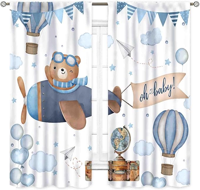 Cartoon Bear Curtains, Kids Boys Girls Cute Lovely Bear Adventure Airplane Cloud Pastel Blue Window Drapery Treatments for Baby Living Room Bedroom Nursey Toddler Classroom 2 Panels, 84"x84" Inch
