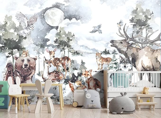 Boys or Girls Cartoon Watercolor Animals wallpeper Nursery Kids Bedroom Wall Mural - 137"x96"（Not Peel and Stick）