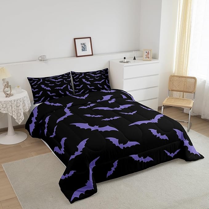 Erosebridal Happy Halloween Comforter Set with 2 Pillow Cases Dark Purple Gothic Bats Quilt Queen Size for Kids Boys Black Spooky Cartoon Gothic Bedding Set
