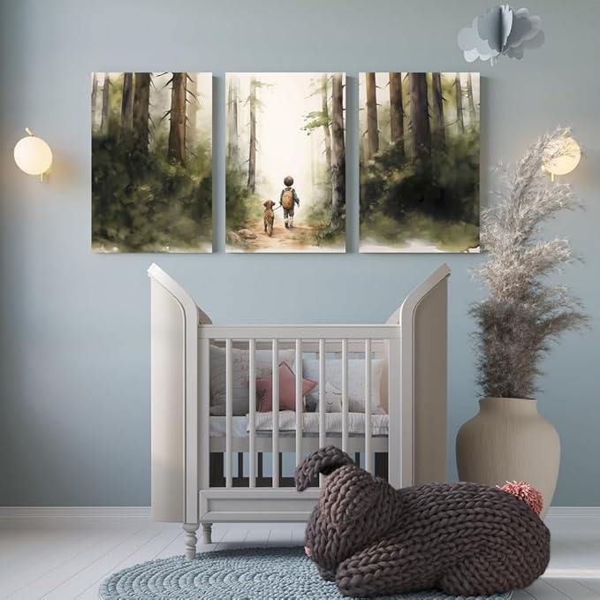 Boy and Dog Nursery Wall Art, Set of 3 Rustic Woodland Nursery Wall Decor, Little Boy and Puppy in the Forest Adventure Kid Wall Art Print, Outdoor Landscape Toddler Room Decor for Boys, Framed 16"x24"x3