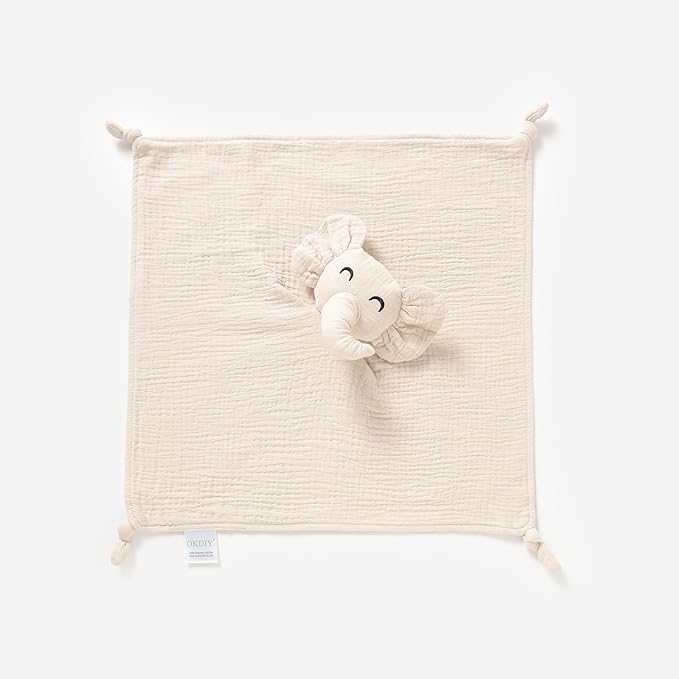Organic Cotton Muslin Loveys for Babies,Security Blankets for Baby Lovey,Newborn Baby Gifts for Boys and Girls (Elephant-Khaki)