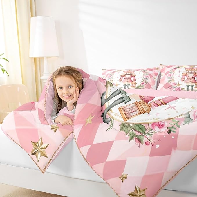 Feelyou Christmas Comforter Set Twin Size Pink Nutcrackers Bedding Set for Kids Boys Girls Floral Duvet Quilt Funny Nutcracker Bedroom Decor Rose Microfiber 2 Pcs with 1 Pillow Cases