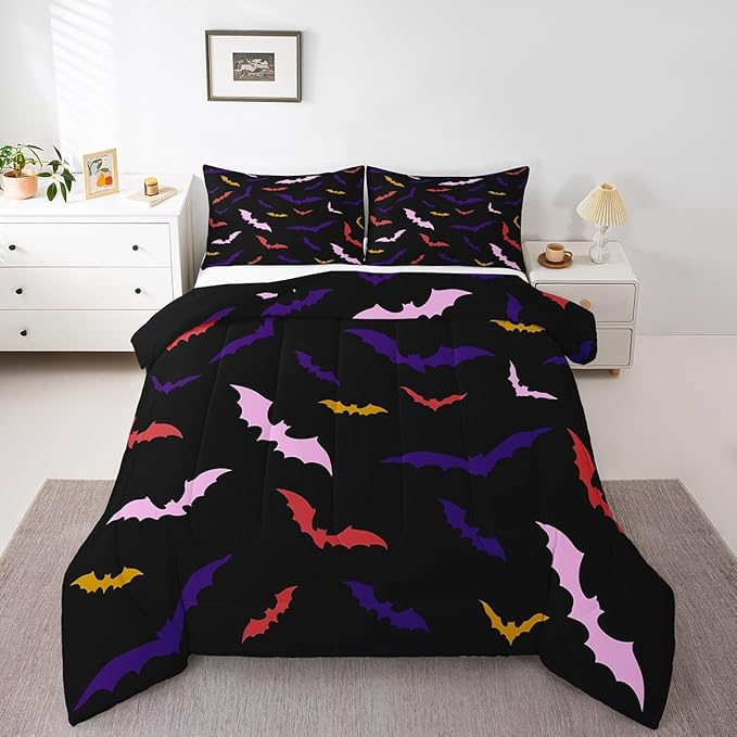 Erosebridal Bat Bedding Set Twin Size for Kids Children Happy Halloween Comforter Set Flying Bat Quilt Gothic Spooky Down Comforter with 1 Pillow Case,Purple and Pink