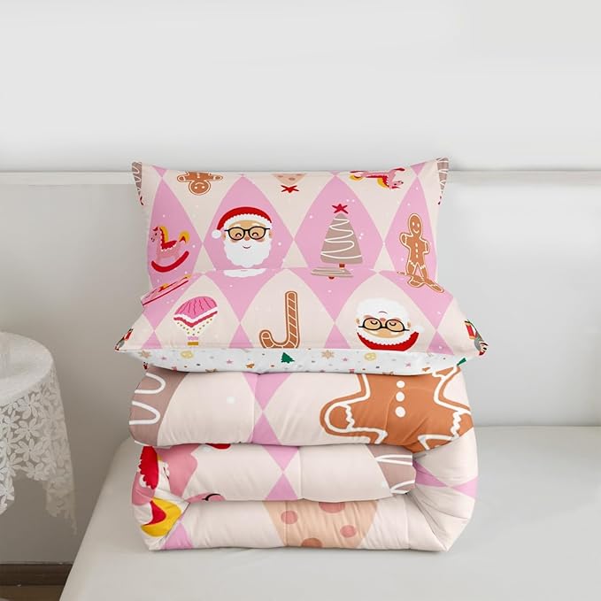 Feelyou Pink Christmas Kids Comforter Set Toddler Size Santa Claus Bedding Set Xmas Tree Nutcracker Soldier Duvet Quilt for Kids Boys Girls Bedroom Gingerbread Man Decor Microfiber Ultra Soft