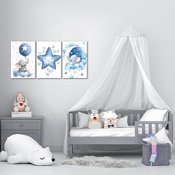 Nursery Canvas Wall Art Elephant Pictures Wall Decor Moon and Stars Painting Baby Boy Prints Cute Animal Poster Artwork for Kids Room Bathroom Decor Framed(Baby-1,24L x 36W x 3Pcs)
