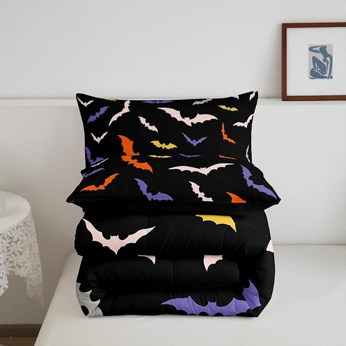 Erosebridal Bat Quilt Halloween Bedroom Decor Bedding Set Toddler Size for Kids Teens Adults Bedroom Purple Gothic Bat Comforter Set with 1 Pillow Case,Spooky Duvet Insert