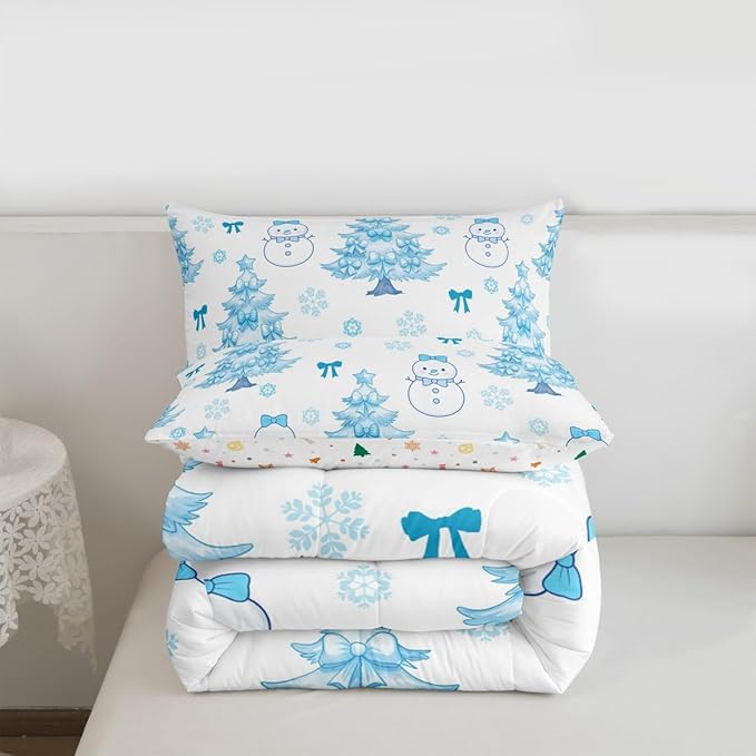 Feelyou Merry Christmas Bedding Set Soft for Boys Girls, Cute Snowman Comforter Set Toddler Size Cartoon Bowknot Duvet Quilt Microfiber Christmas Tree 2 Pcs with 1 Pillow Cases