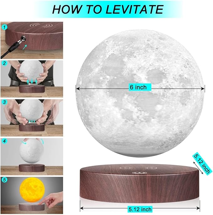 VGAzer Levitating Moon Lamp.Floating and Spinning in Air Freely with Luxury Wooden Base and 3D Printing LED Moon Light Colors,for Unique Gifts,Room Decor,Night Light,Office Desk Tech Toys -6 Inch