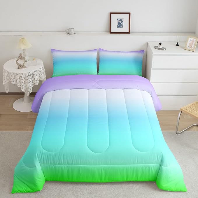 Feelyou Blue Green Ombre Comforter Twin Size, Colorful Gradient Comforter Set for Boys Girls Rainbow Ombre Bedding Set Luxury Modern Duvet Set Decorative Microfiber Bed Set