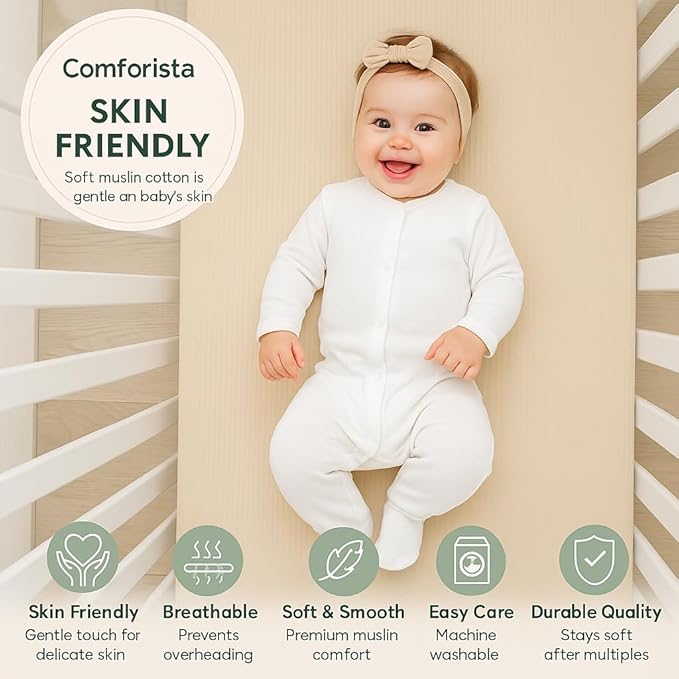 Crib Mattress Sheet Set of 2 Green & Beige, Premium Muslin Cotton, 52x28x9 Fitted Crib Sheets Snugly, Breathable & Soft for Safe Sleep, Stays Smooth After Wash