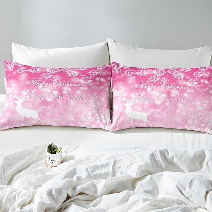 Manfei Christmas Pink Duvet Cover Set King Size, Xmas Trees Deer Snowflake Bedding Set 3pcs for Kids Girls, New Year Theme Comforter Cover Soft Polyester Quilt Cover with 2 Pillowcases,No Comforter