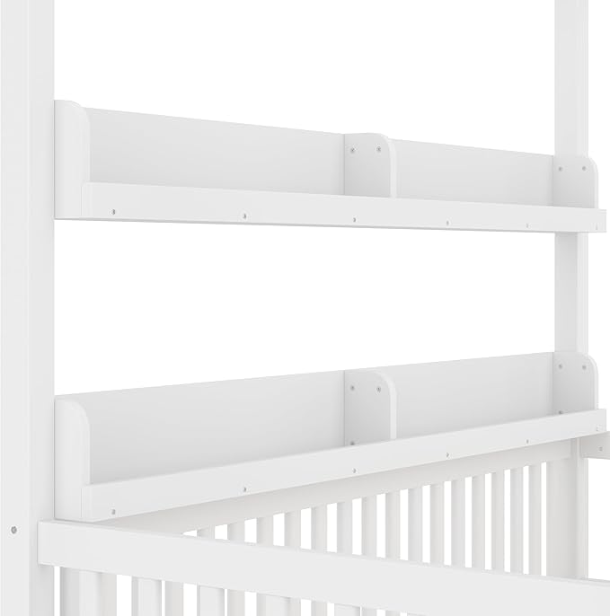 Polibi Twin Size Montessori Floor Bed with Guardrails, Low Profile Solid Wood Canopy Frame with Built-in Shelves, No Box Spring Needed, for Kids, White