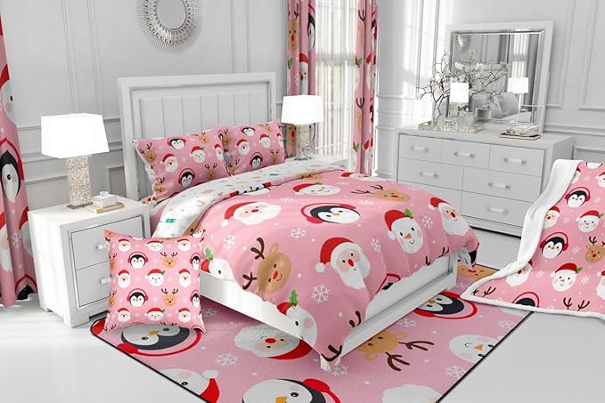 Feelyou Pink Christmas Comforter Set Twin Size Santa Claus Bedding Set for Kids Boys Girls Deer Penguin Duvet Quilt Snowman Bedroom Decor Microfiber 2 Pcs with 1 Pillow Cases