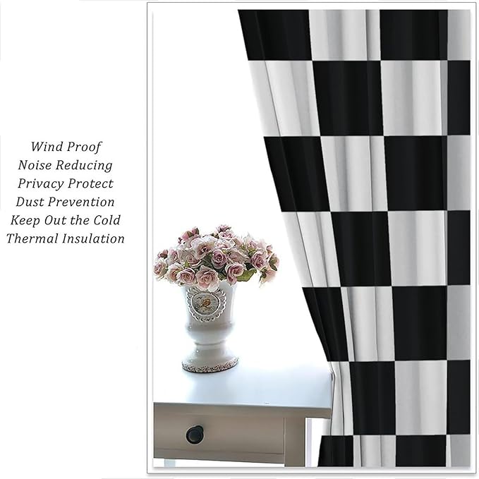 Black Checkered Curtains,70s Vintage Twisted Checkered Window Drapes Colorful Groovy Trendy Wavy Hippie Grid Print Window Treatments for Kids Boy Bedroom Living Room 42" W X 45" L