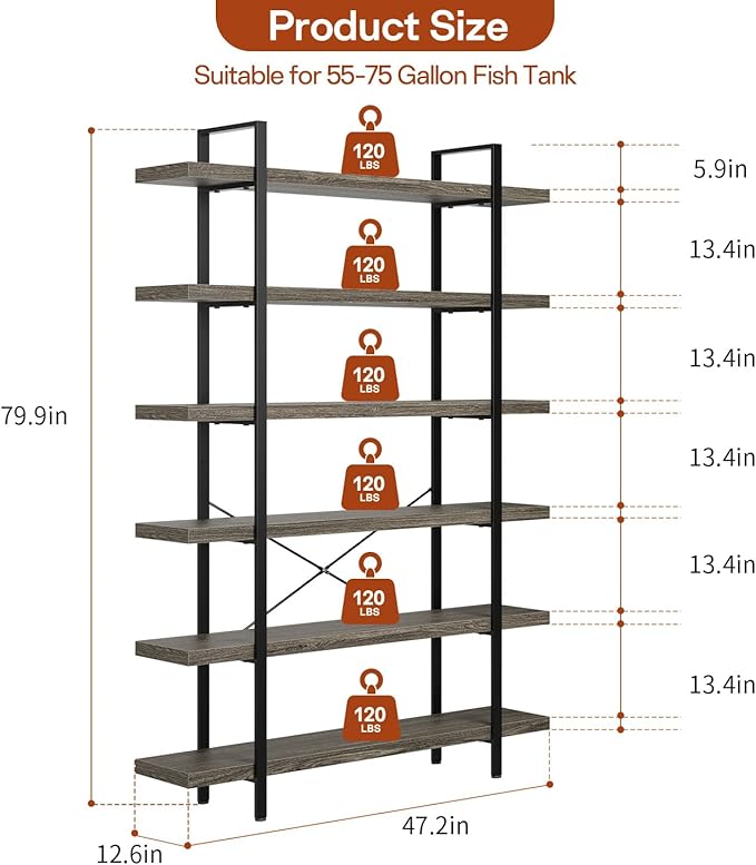 Bookcase, 47 Inch Wide Wood Bookshelf, 120lbs Shelf Capacity, Rustic Open Shelving Industrial Display with Reinforced Horizontal Shelves for Living Room Bedroom Office (6 Tier - Grey) 2 Set