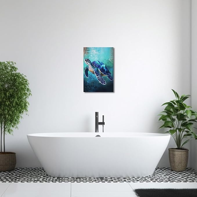 AWPANERAR Sea Turtle Wall Art Bathroom Pictures Watercolor Sea Life Canvas Prints Ocean Animal Poster Nautical Theme Artwork for Kids Room Nursery Decor Framed (Blue, (30L x 20W))