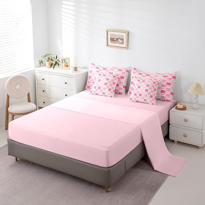 7 Pieces Cartoon Frog Kids Comforter Set King,Pink Bowknot Bow Tie Butterfly Knot Bedding Set,Geometric Plaid Grid Patchwork Cute（Comforter+Fitted+Flat Sheet+2 Pillowcases+2 Throw Pillow Covers）